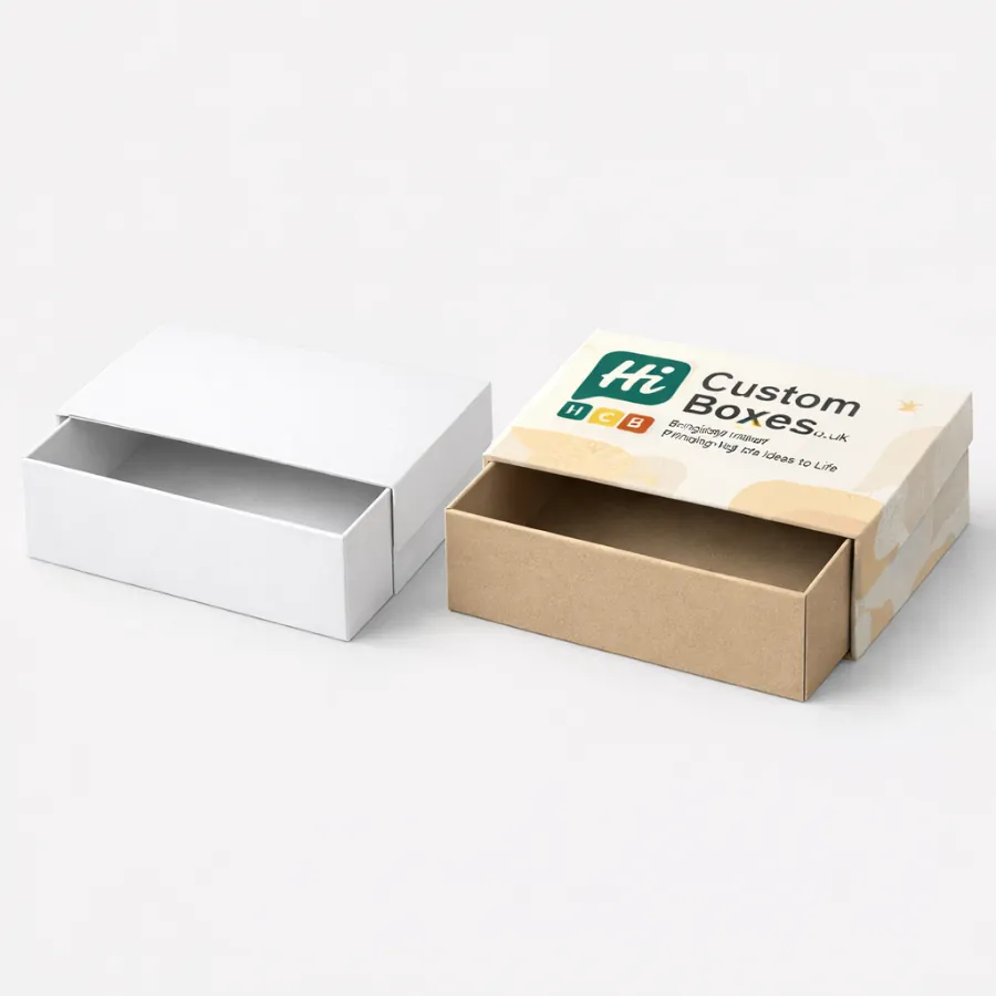 Two sliding drawer-style boxes- featuring a rustic brown interior and a branded white outer sleeve-
